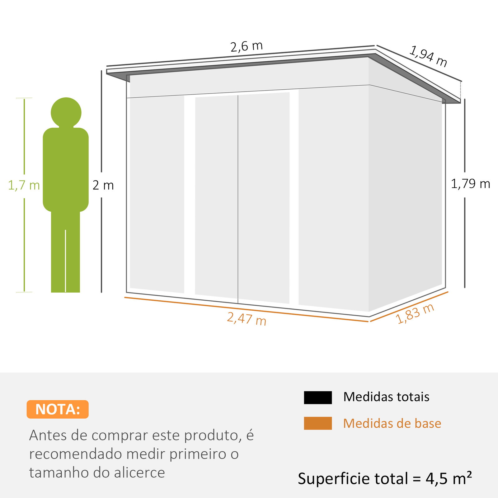 Abrigo de Jardim 4,5 m² 260x194x200 cm Abrigo Exterior Metálico com 2 Portas Deslizantes para Armazenamento de Ferramentas Cinza