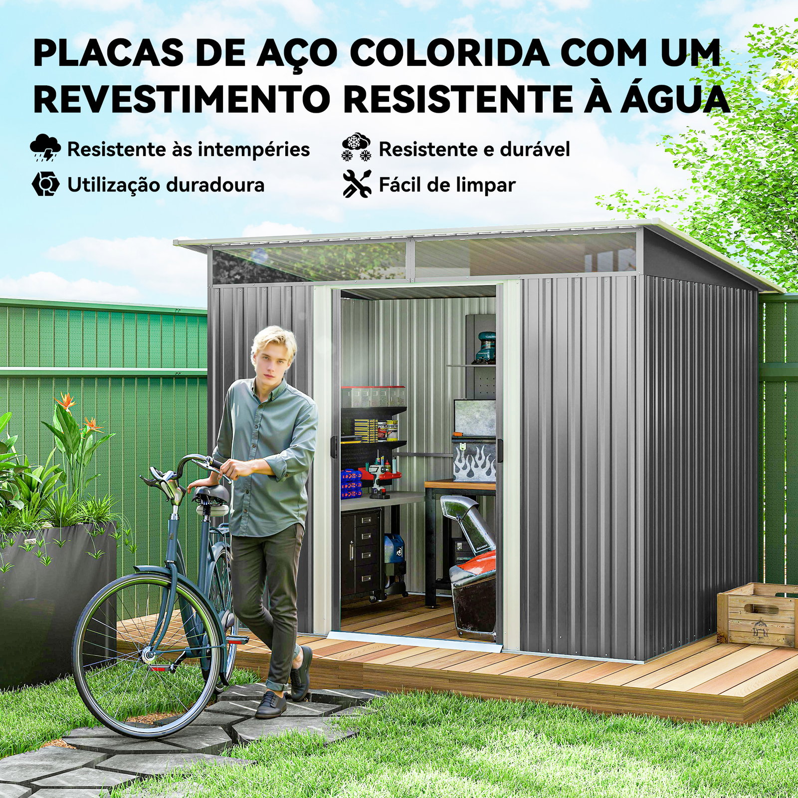 Abrigo de Jardim 4,5 m² 260x194x200 cm Abrigo Exterior Metálico com 2 Portas Deslizantes para Armazenamento de Ferramentas Cinza