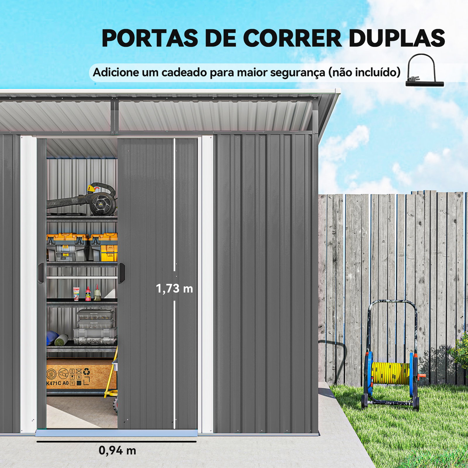 Abrigo de Jardim 4,5 m² 260x194x200 cm Abrigo Exterior Metálico com 2 Portas Deslizantes para Armazenamento de Ferramentas Cinza