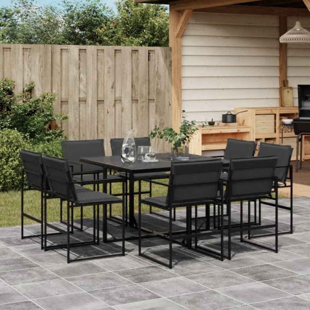9 Pcs conj. de jantar para jardim c/ almofadões textilene preto