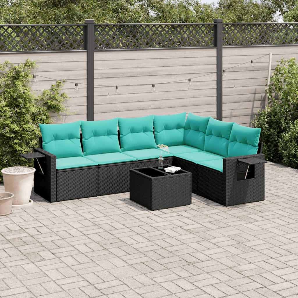 Conjunto de sofá de jardim com 7 peças e almofadas em rattan sintético preto