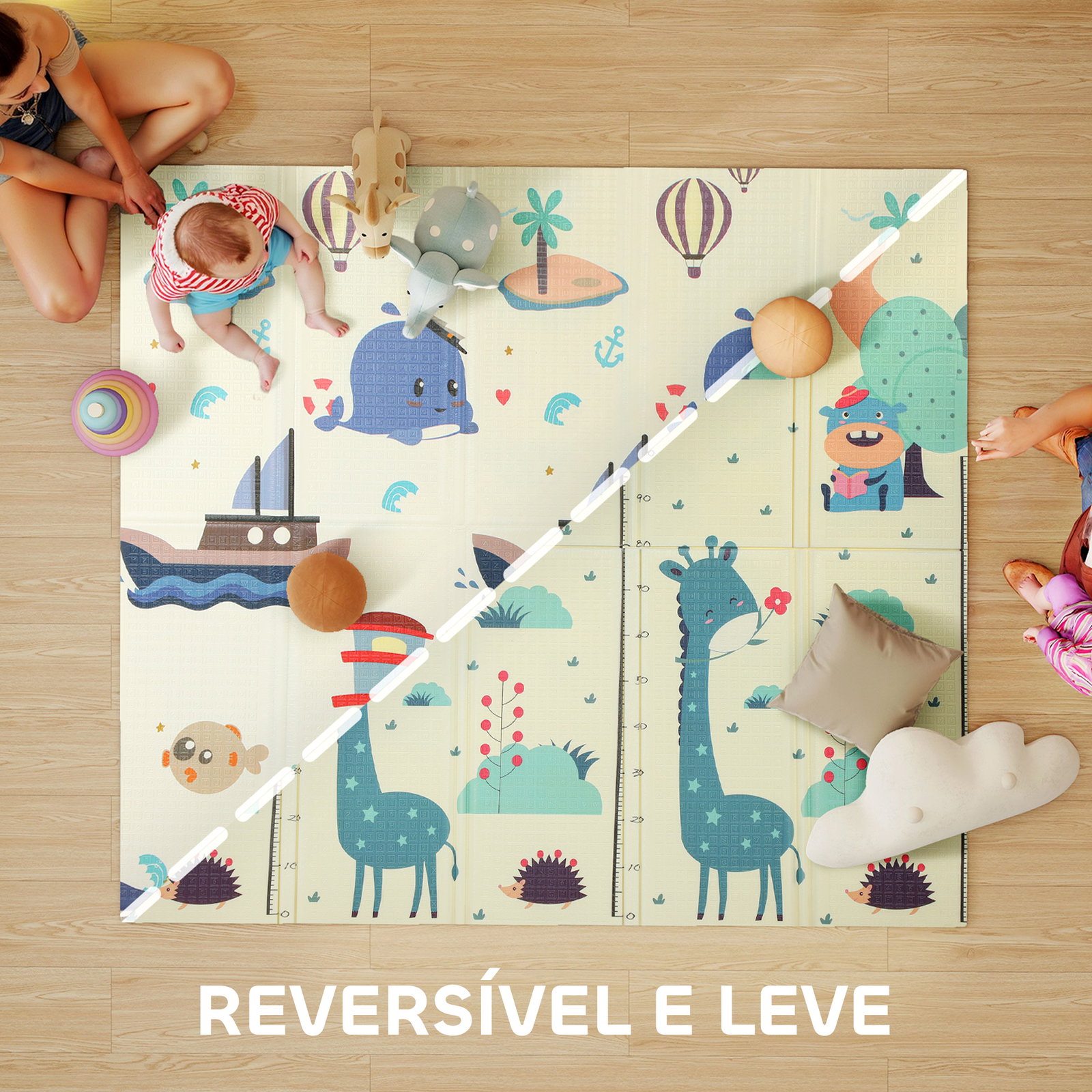 Tapete de atividades para bebé dobrável e reversível 196x176 cm tapete de brincar para bebé xpe dupla face impermeável multicolor