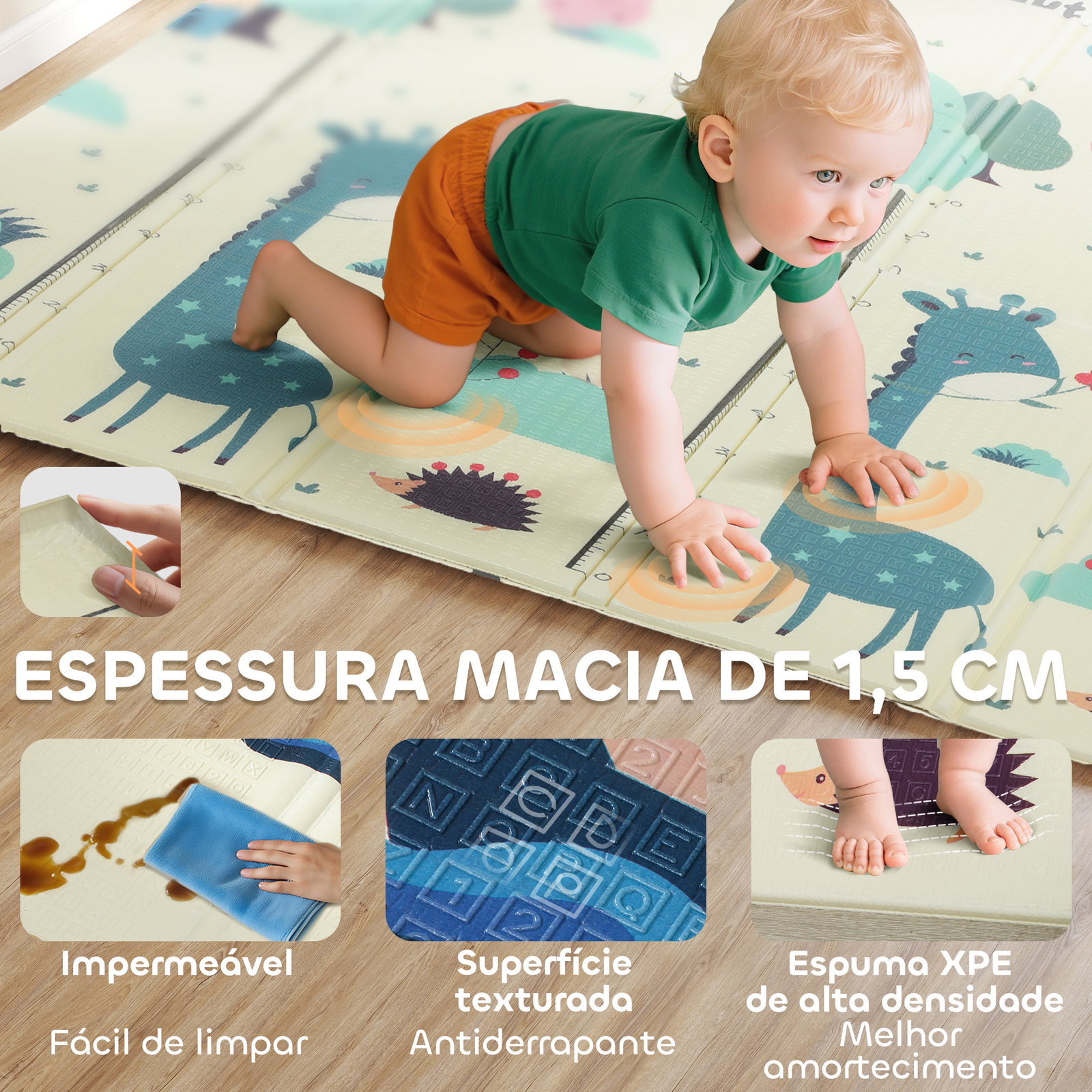 Tapete de atividades para bebé dobrável e reversível 196x176 cm tapete de brincar para bebé xpe dupla face impermeável multicolor