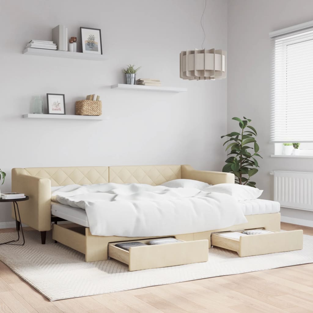 Sofá-cama com gavetão e gavetas 90x200 cm tecido cor creme