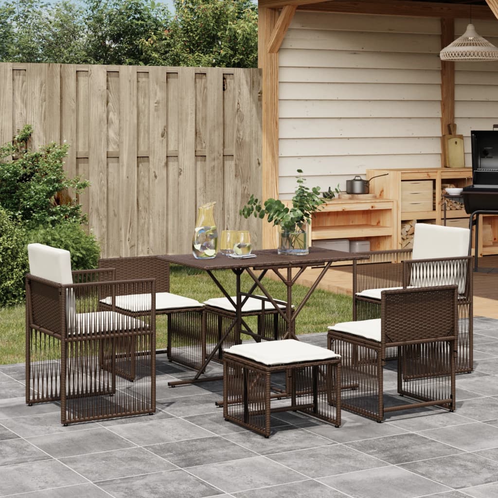 7 Pcs conjunto jantar p/ jardim c/ almofadões vime PE castanho