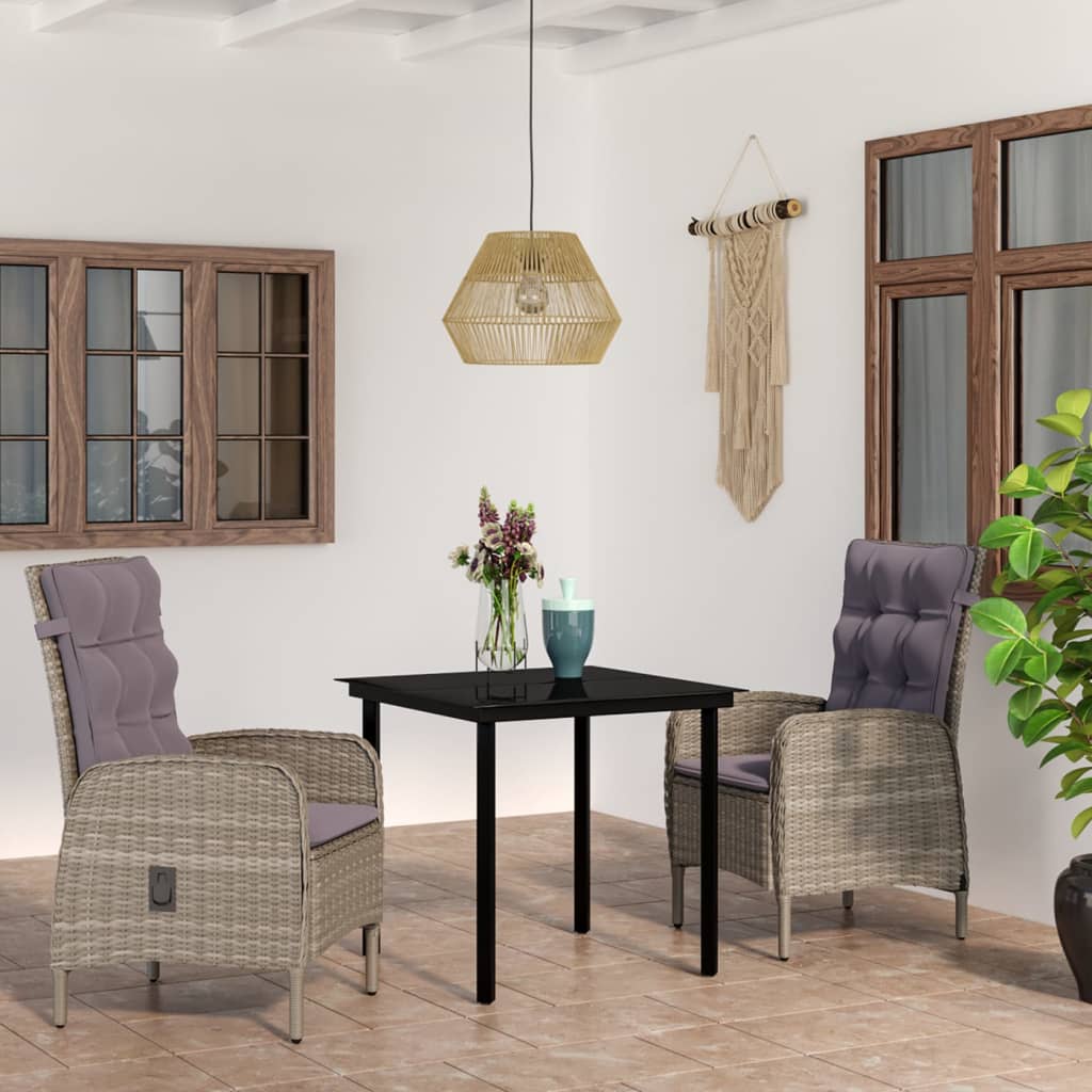 3 Pcs conj. de jantar para jardim c/ almofadões cinzento/preto