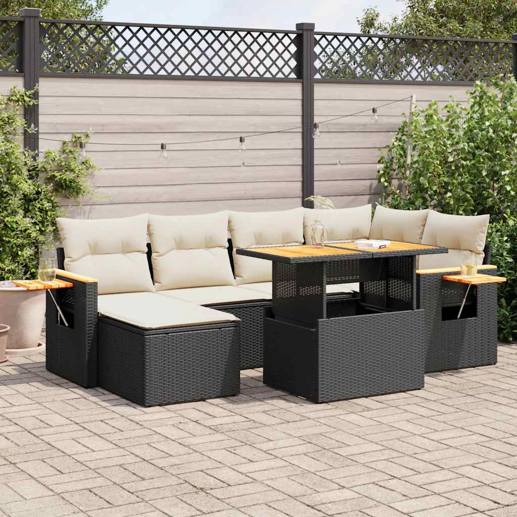 7 Pcs conjunto sofás jardim c/ almofadões vime PE/acácia preto