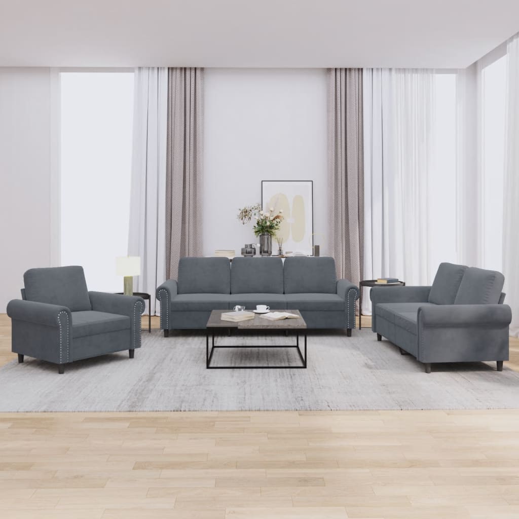 3 Pcs conjunto de sofás com almofadões veludo cinzento-escuro