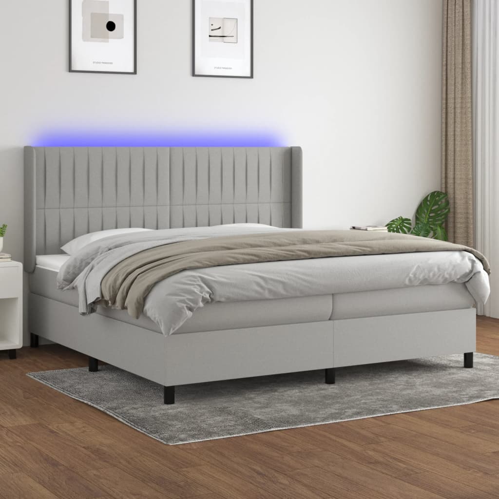 Cama box spring c/ colchão e LED 200x200 cm tecido cinza-claro