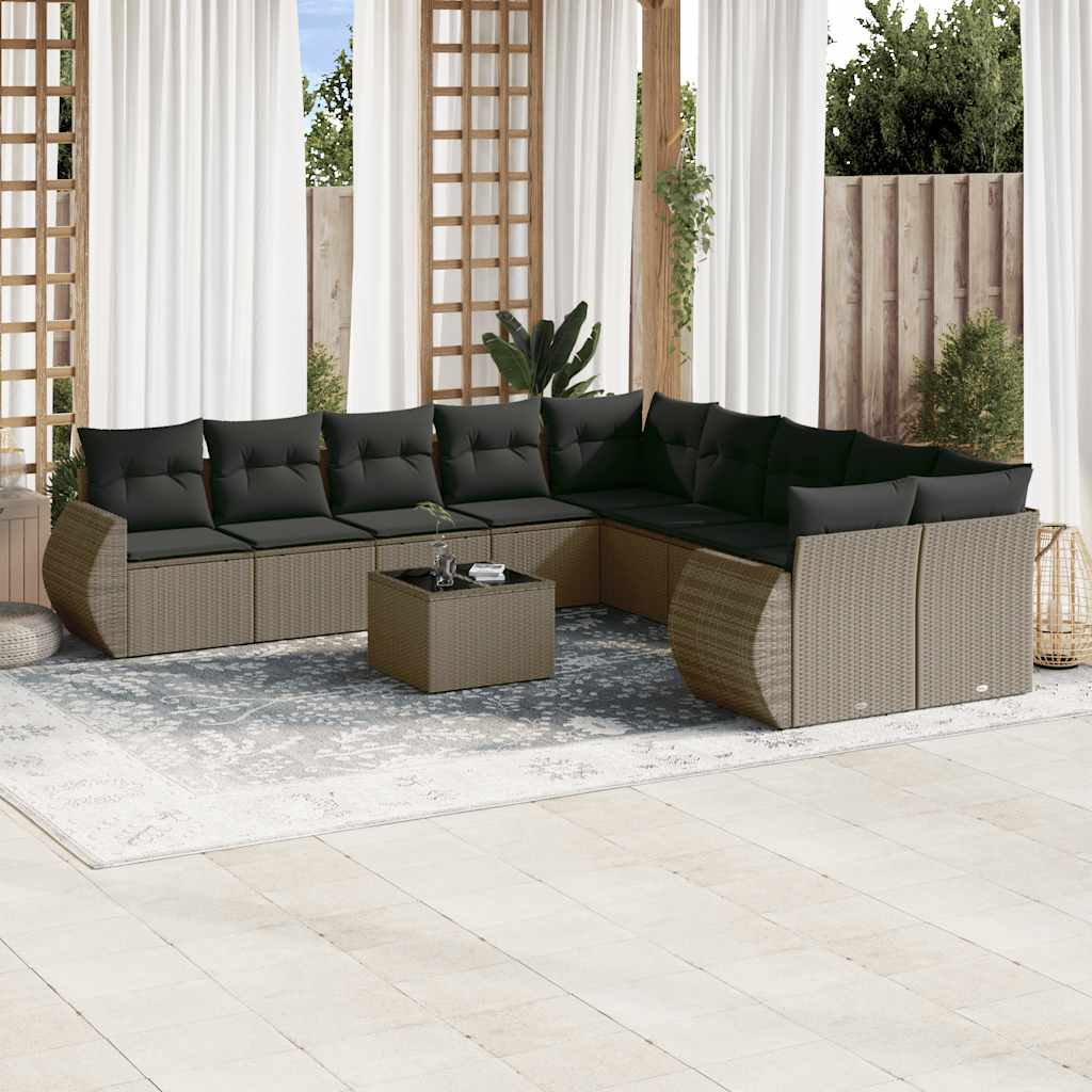 11 Pcs conjunto sofás de jardim c/ almofadões vime PE cinzento