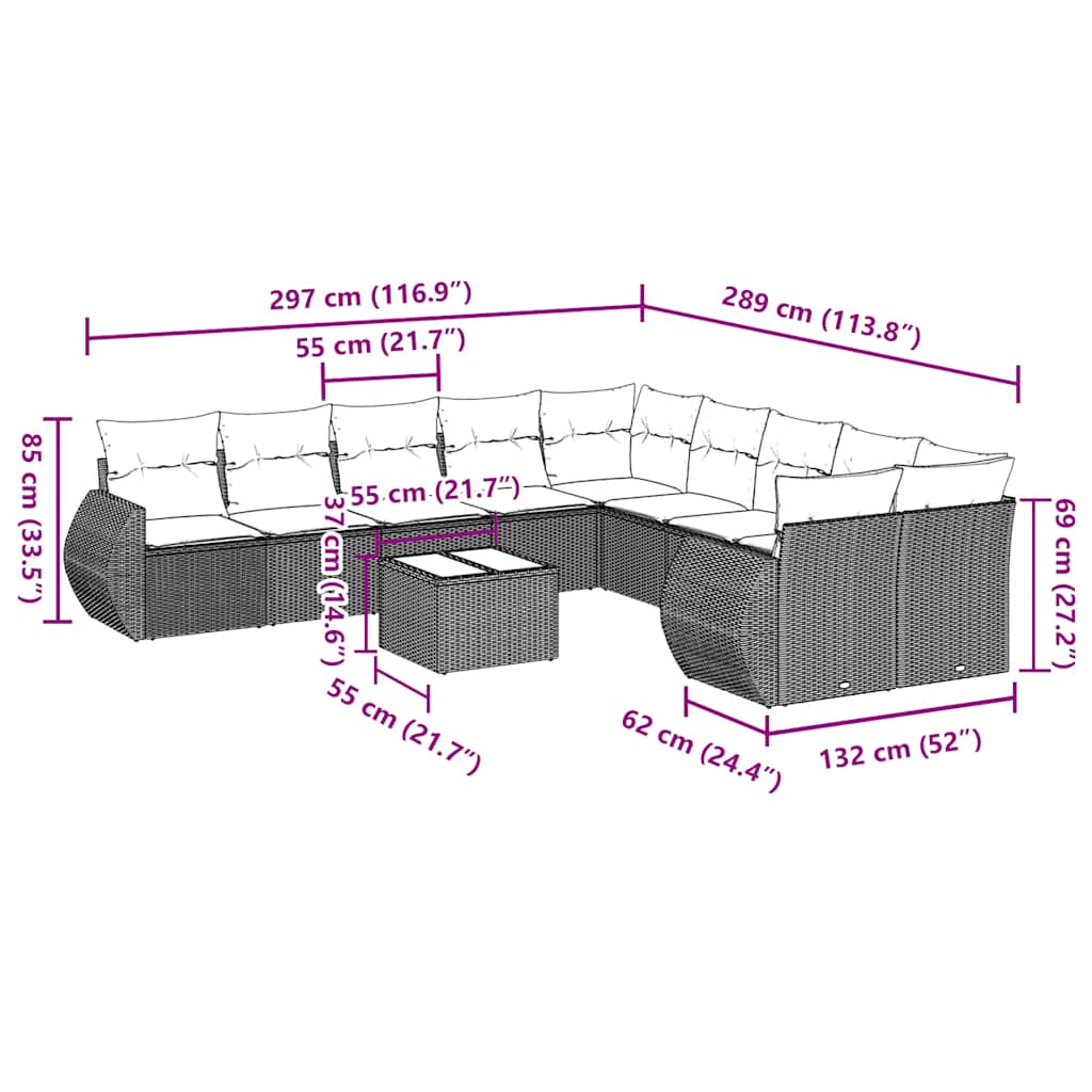 11 Pcs conjunto sofás de jardim c/ almofadões vime PE cinzento
