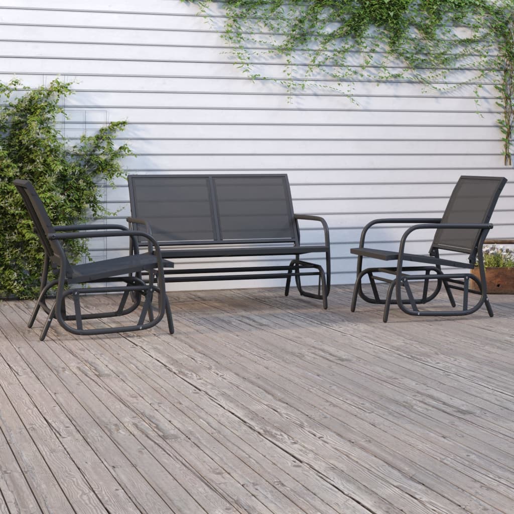 3 Pcs conj. lounge oscilante para jardim textilene e aço preto