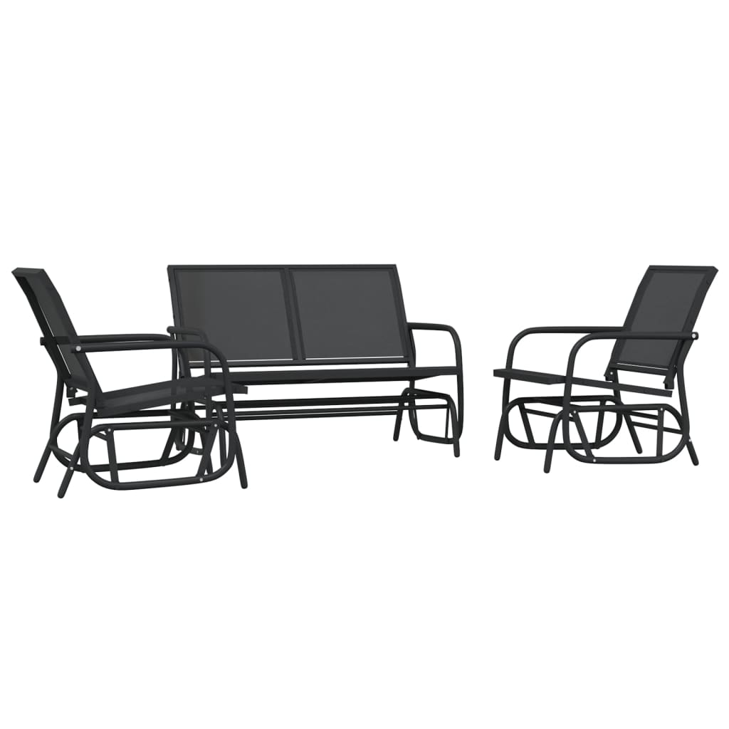 3 Pcs conj. lounge oscilante para jardim textilene e aço preto