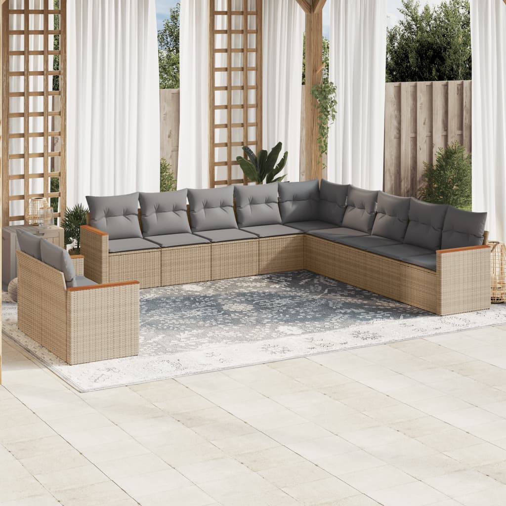 11 Pcs conjunto sofás de jardim c/ almofadões vime PE bege