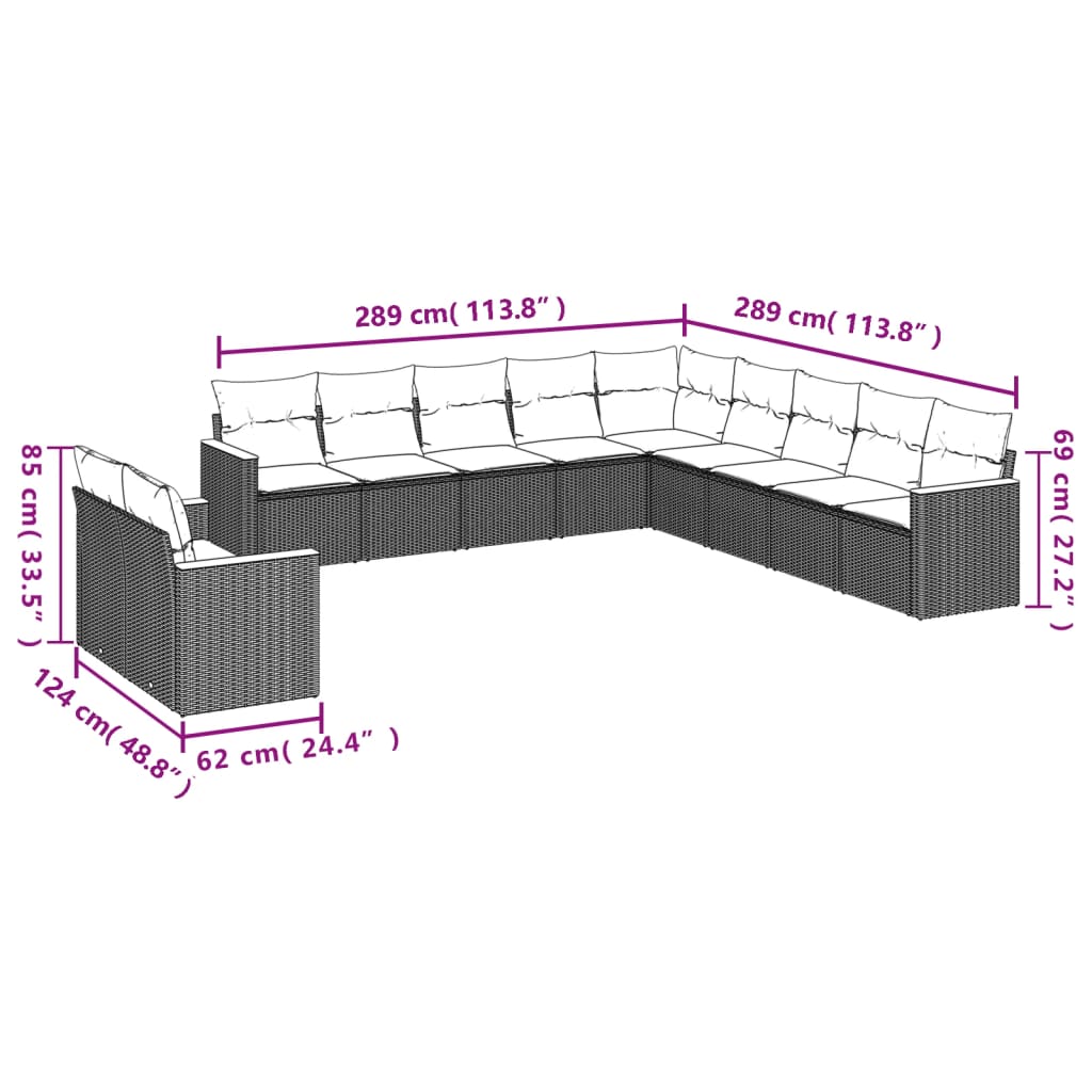 11 Pcs conjunto sofás de jardim c/ almofadões vime PE bege