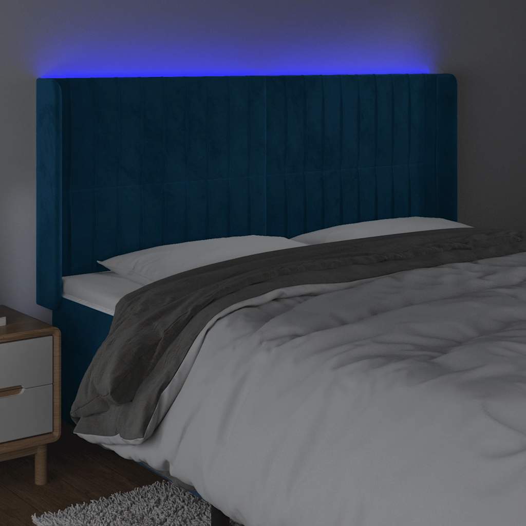 Cabeceira cama c/ luzes LED veludo 163x16x118/128cm azul-escuro