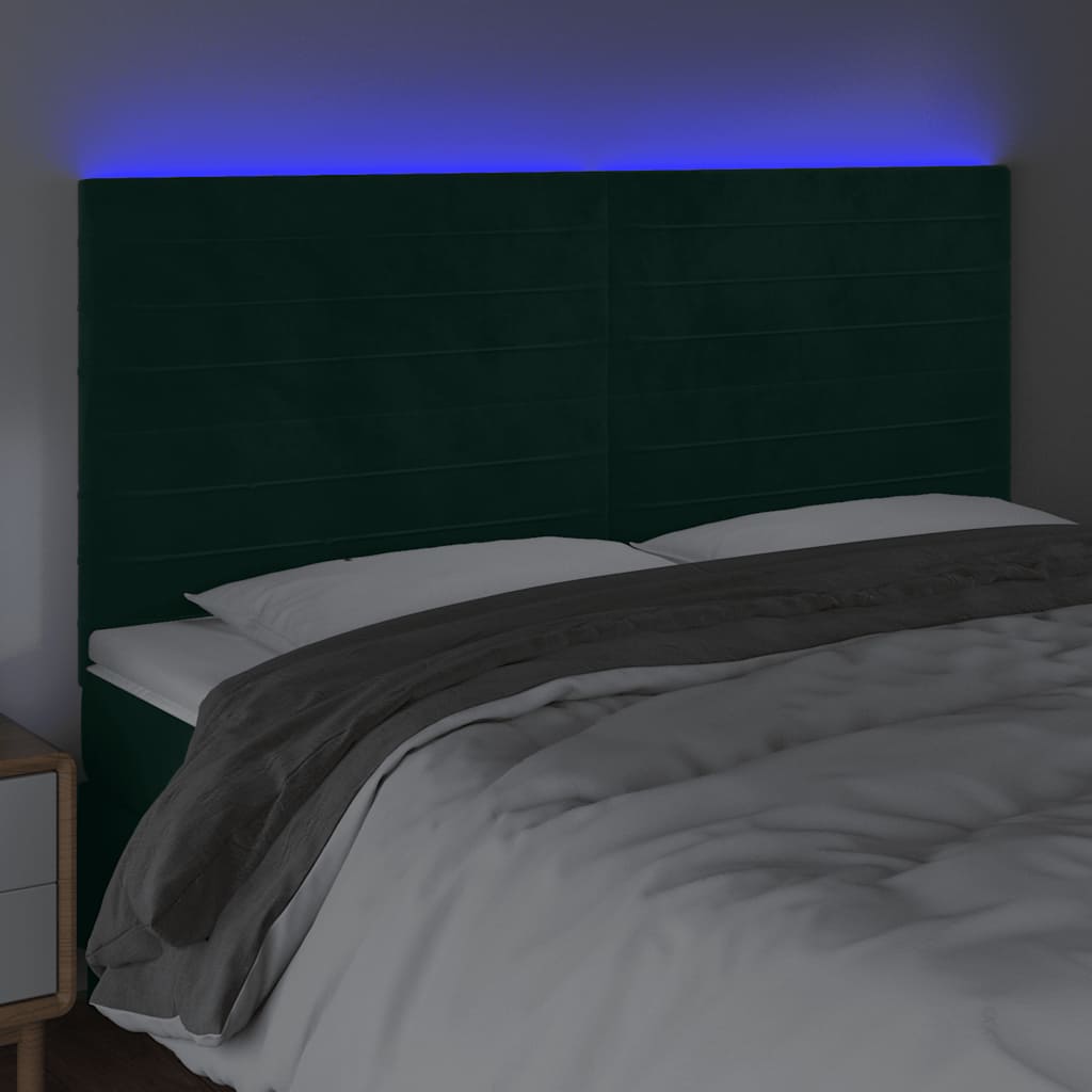 Cabeceira de cama c/ LED veludo 160x5x118/128 cm verde-escuro