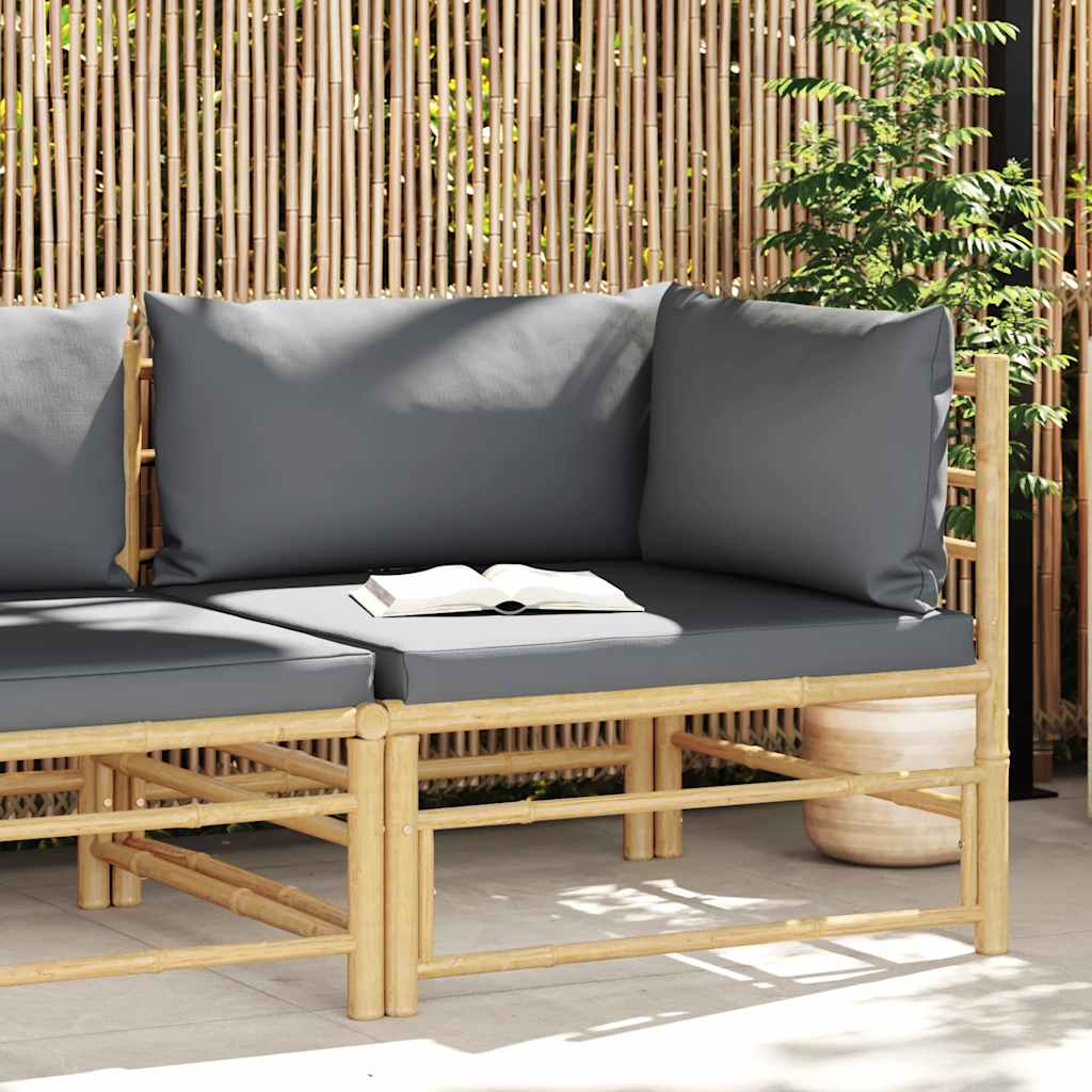 Sofá de canto para jardim com almofadões cinzento-escuro bambu