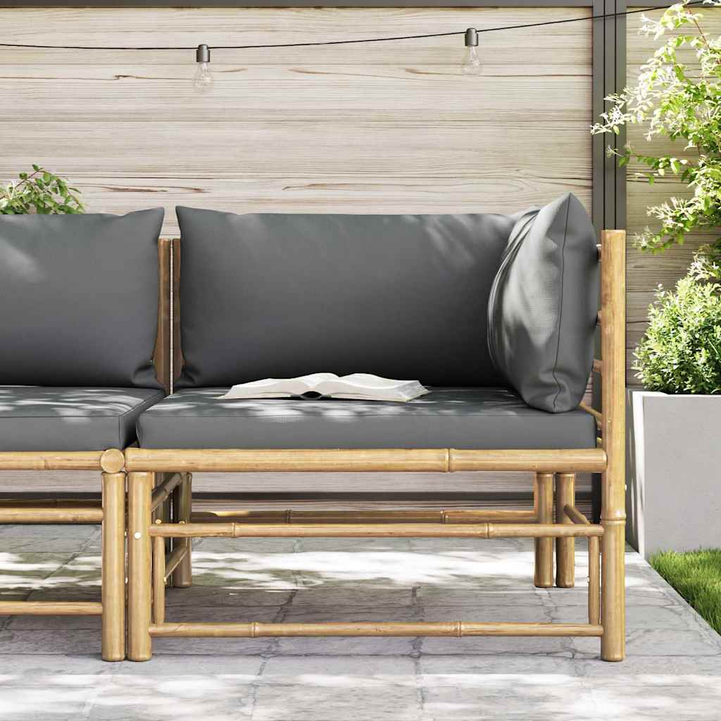 Sofá de canto para jardim com almofadões cinzento-escuro bambu