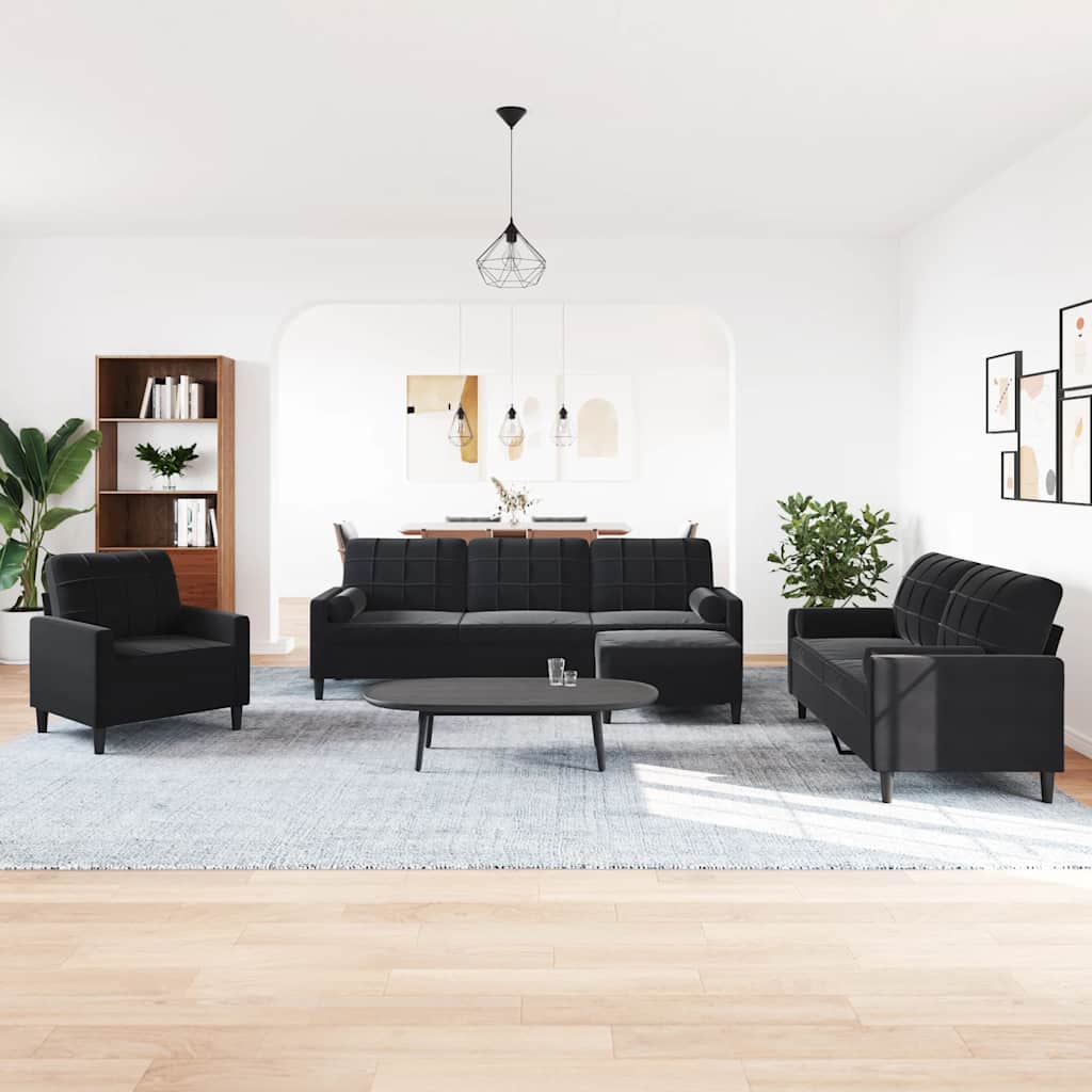 4 Pcs conjunto de sofás com almofadões e rolos veludo preto