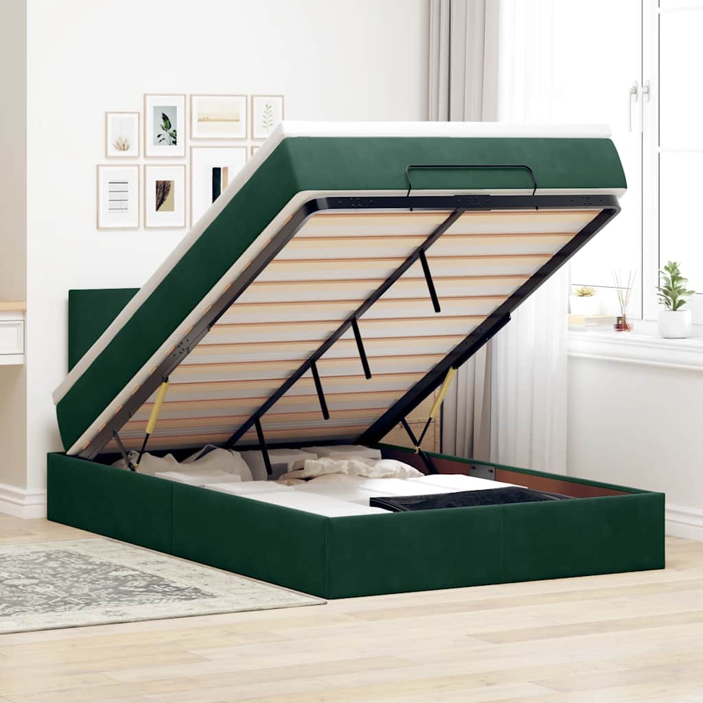 Cama otomana com colchão & leds 120x190cm veludo verde-escuro