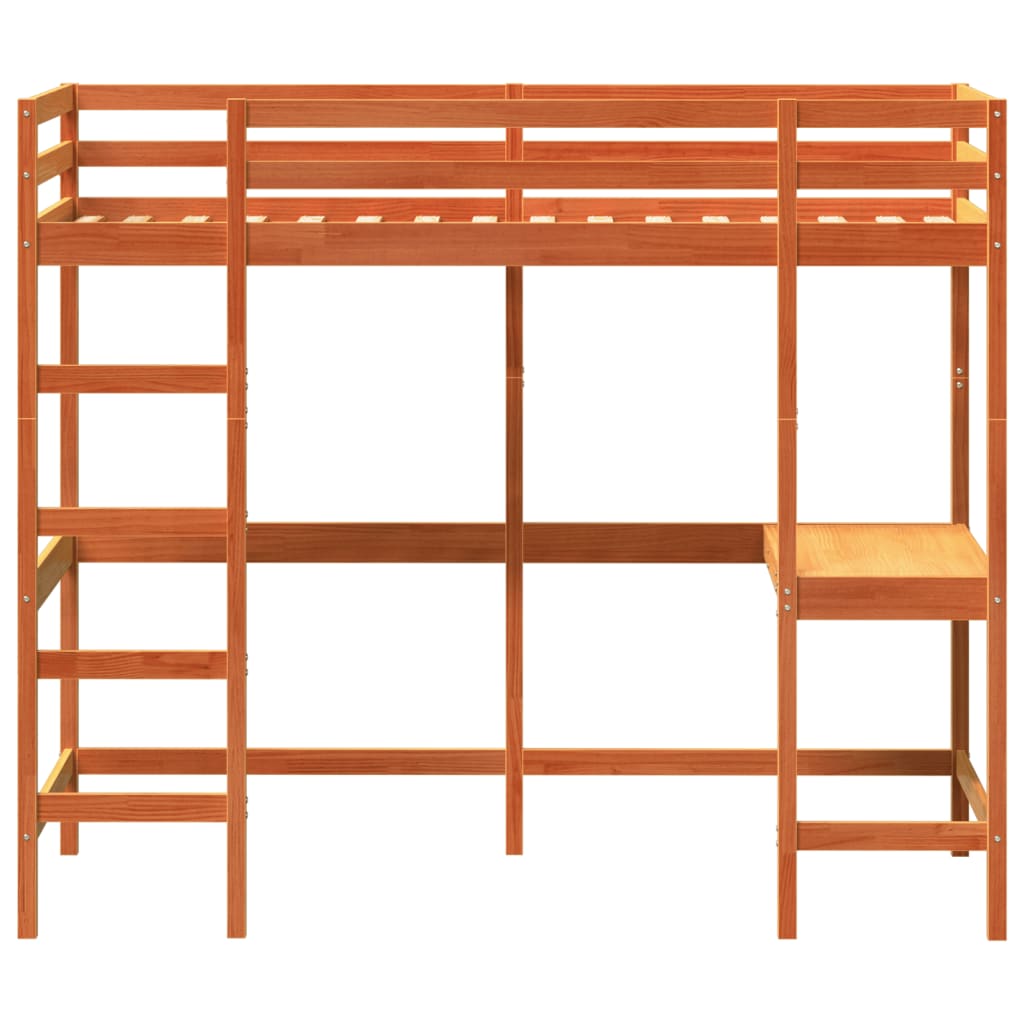 Cama alta c/ secretária 90x200 cm pinho maciço castanho-cera
