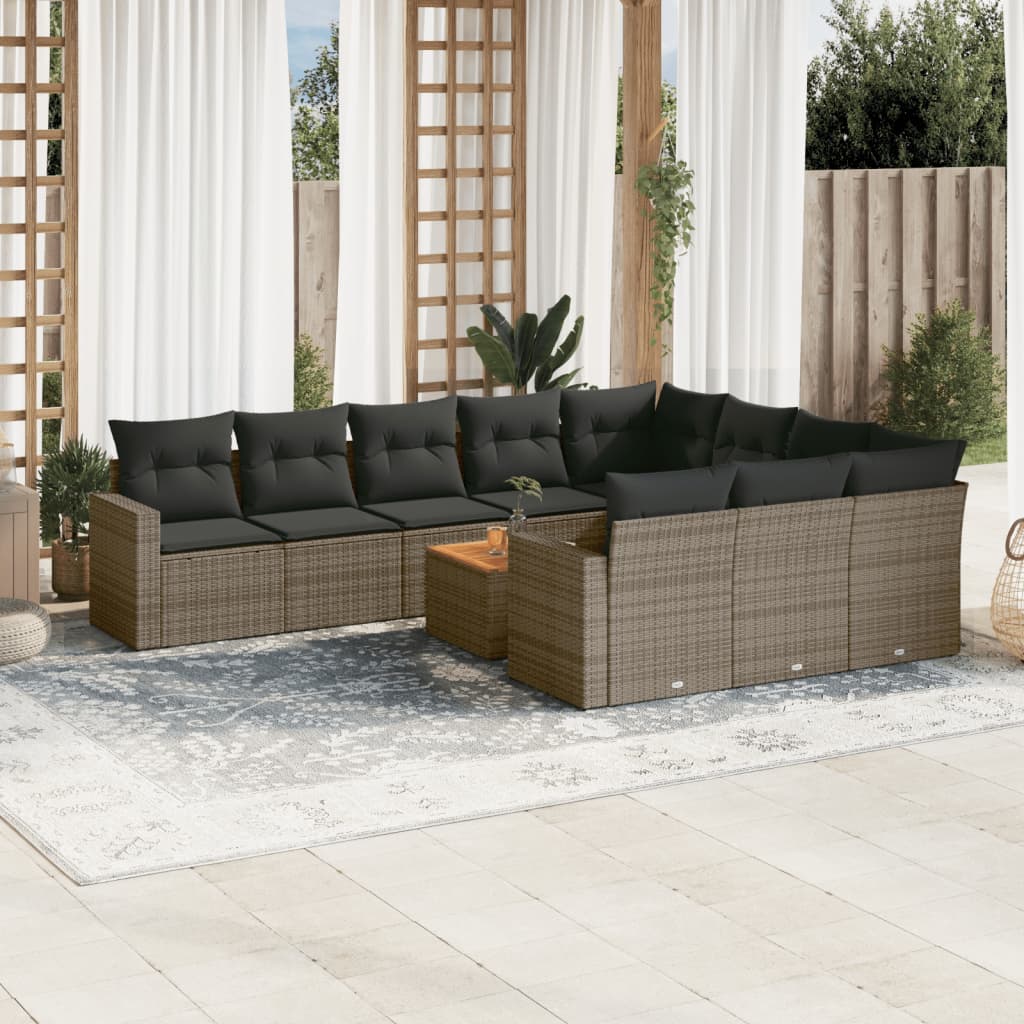 11 Pcs conjunto sofás de jardim c/ almofadões vime PE cinzento