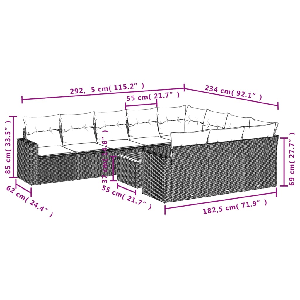 11 Pcs conjunto sofás de jardim c/ almofadões vime PE cinzento