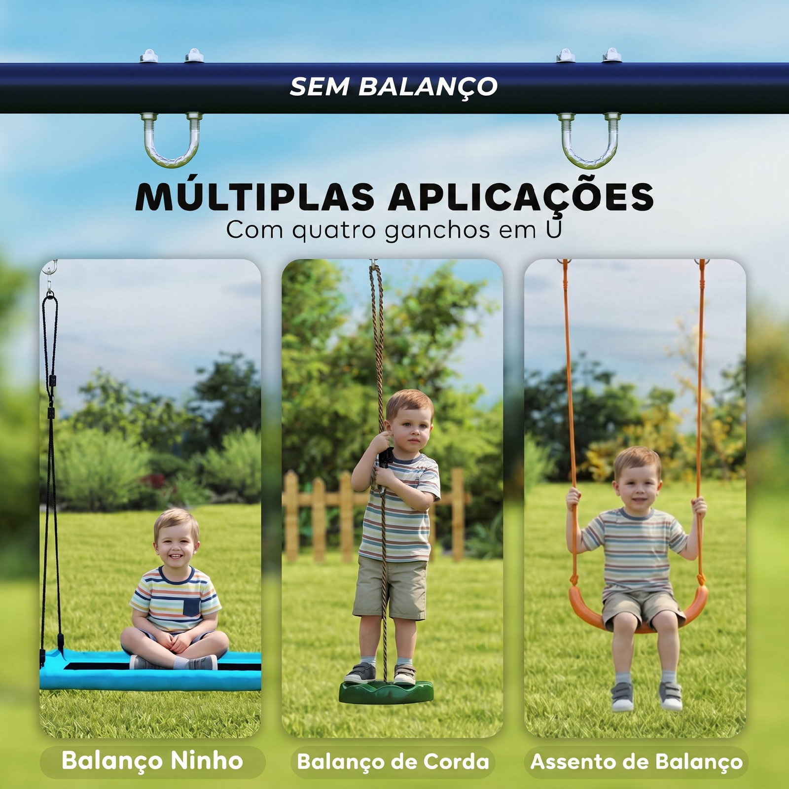 Estrutura de baloiço infantil metálica para 2 baloiços carga 150 kg para assento de baloiço ninho azul