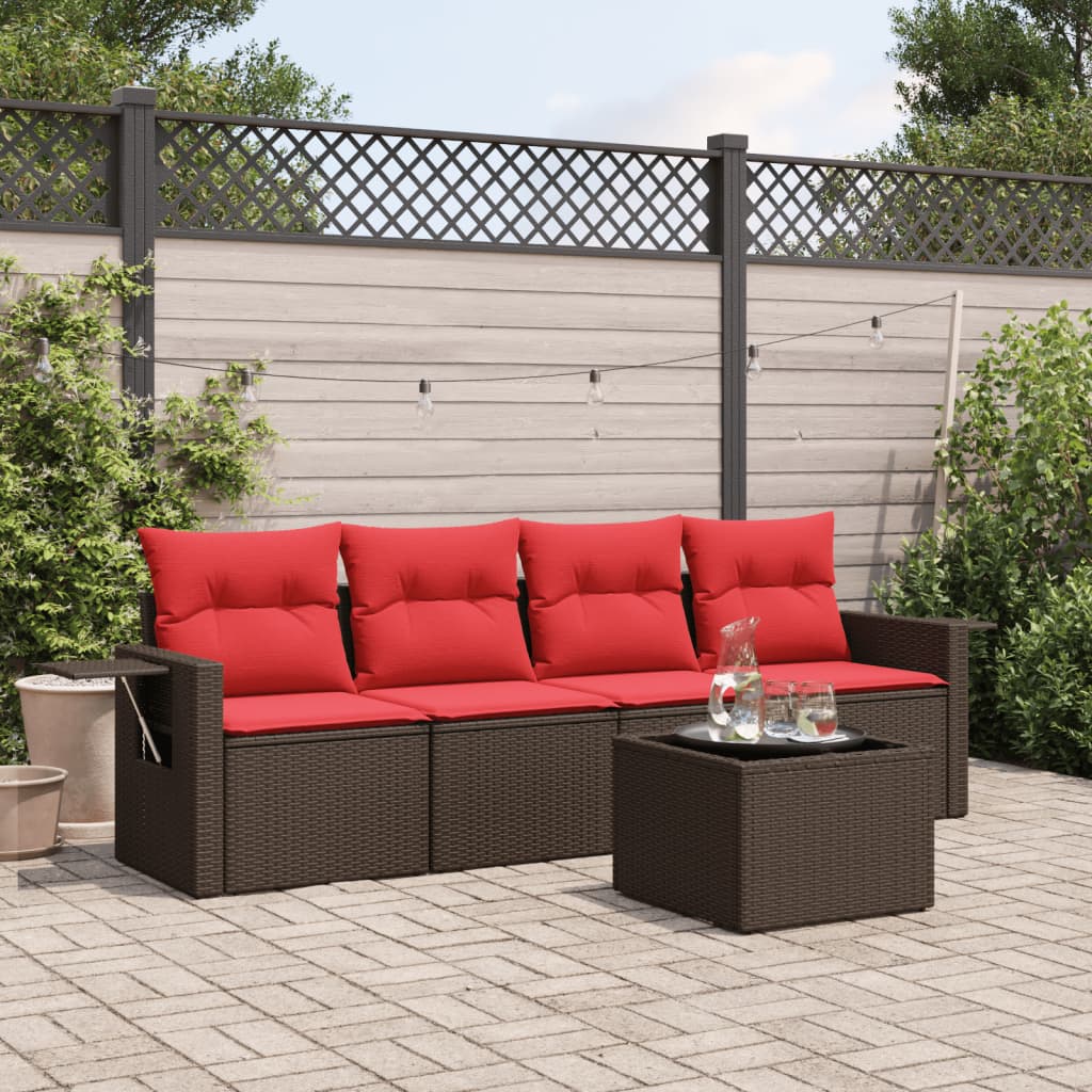 Conjunto de sofá de jardim de 5 peças com almofadas em rattan sintético marrom