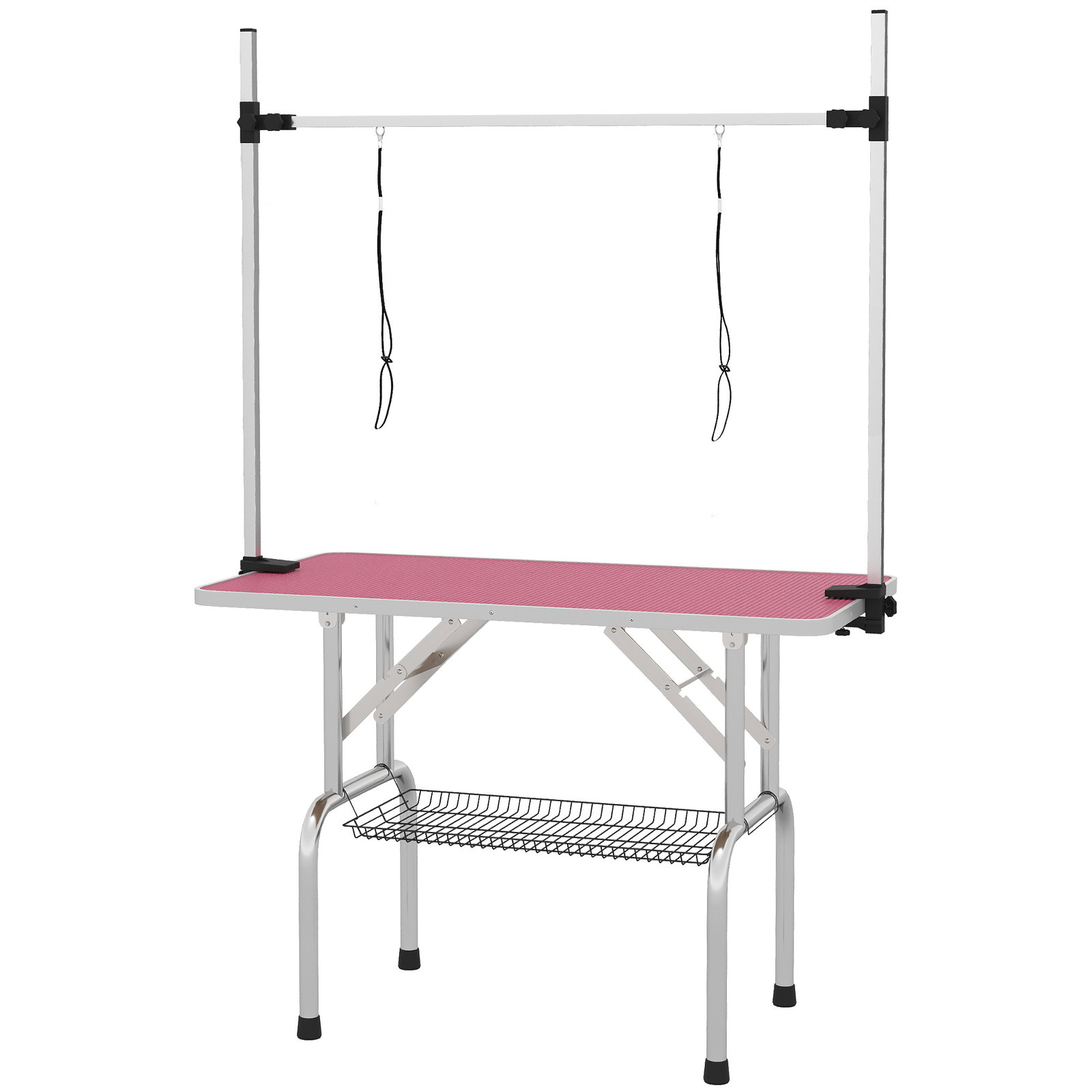 Mesa de tosquia para cães dobrável mesa de higiene com prateleira metálica superfície antiderrapante 107x60x164 cm, rosa
