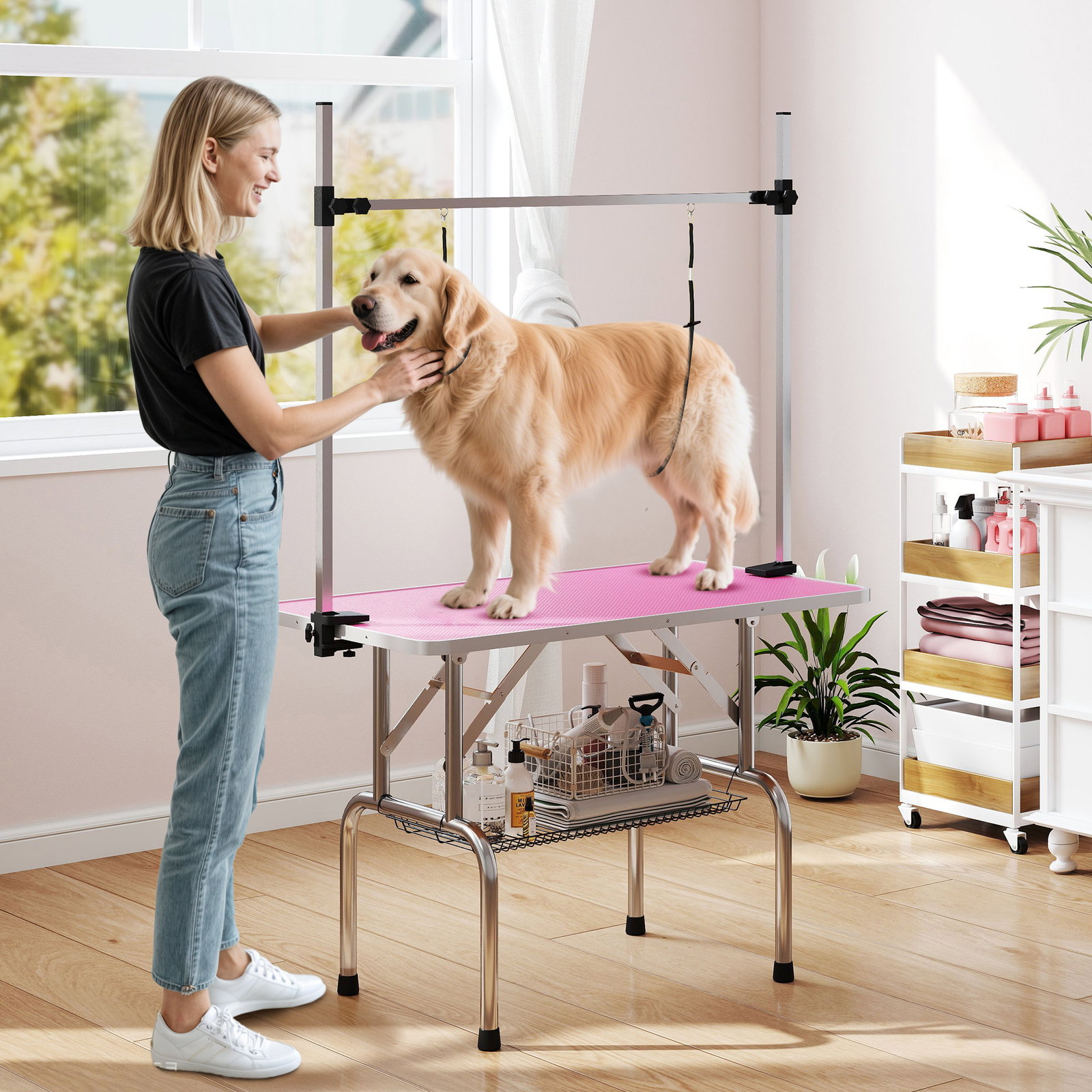 Mesa de tosquia para cães dobrável mesa de higiene com prateleira metálica superfície antiderrapante 107x60x164 cm, rosa