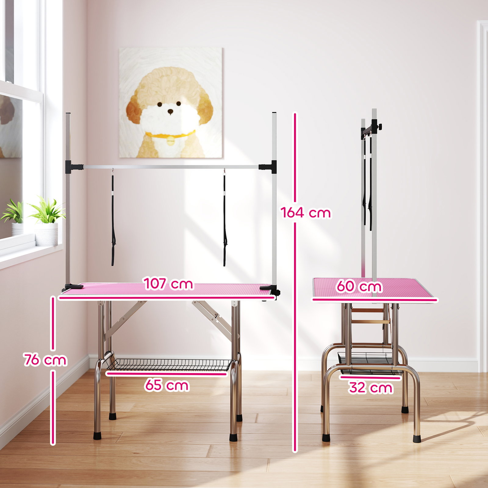 Mesa de tosquia para cães dobrável mesa de higiene com prateleira metálica superfície antiderrapante 107x60x164 cm, rosa