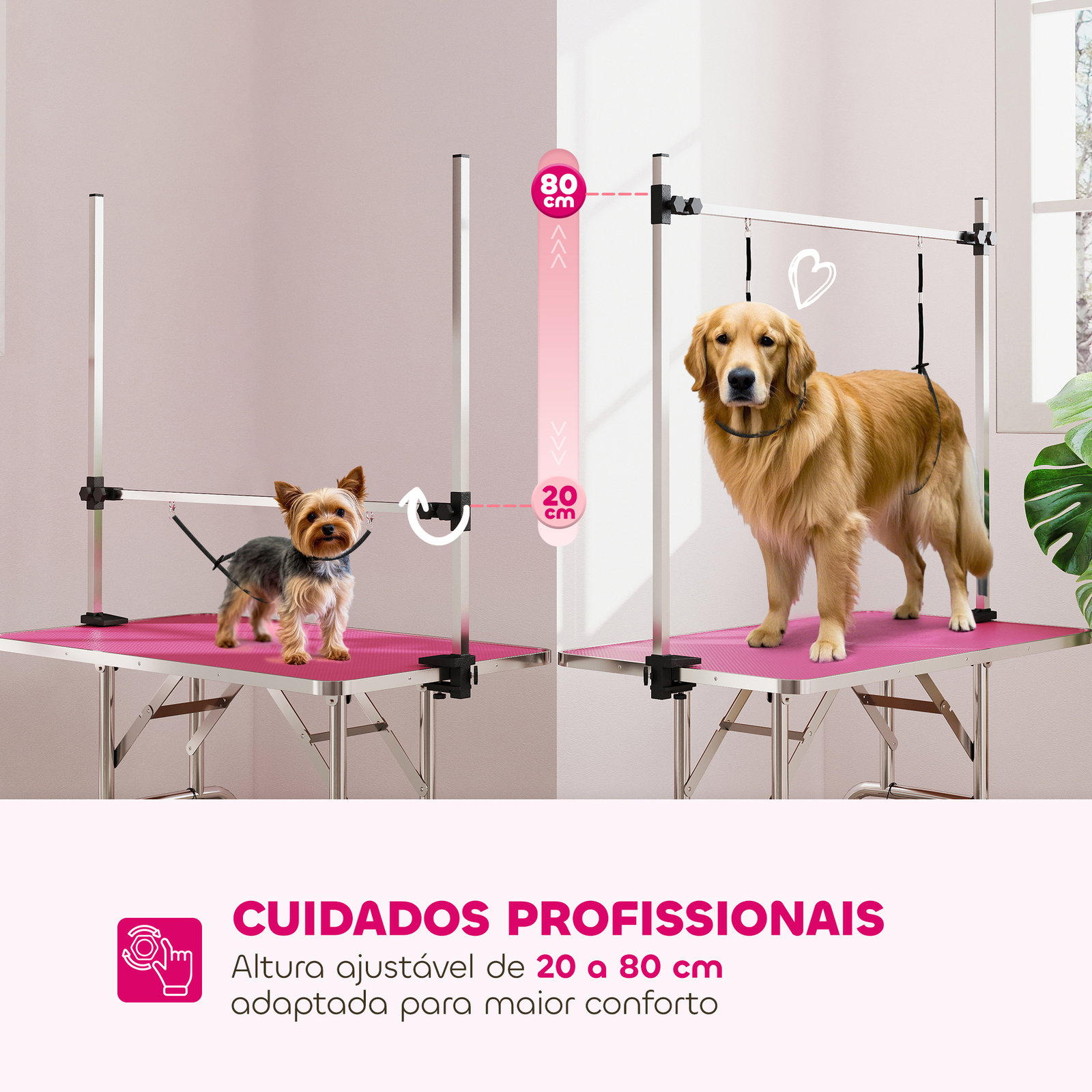 Mesa de tosquia para cães dobrável mesa de higiene com prateleira metálica superfície antiderrapante 107x60x164 cm, rosa
