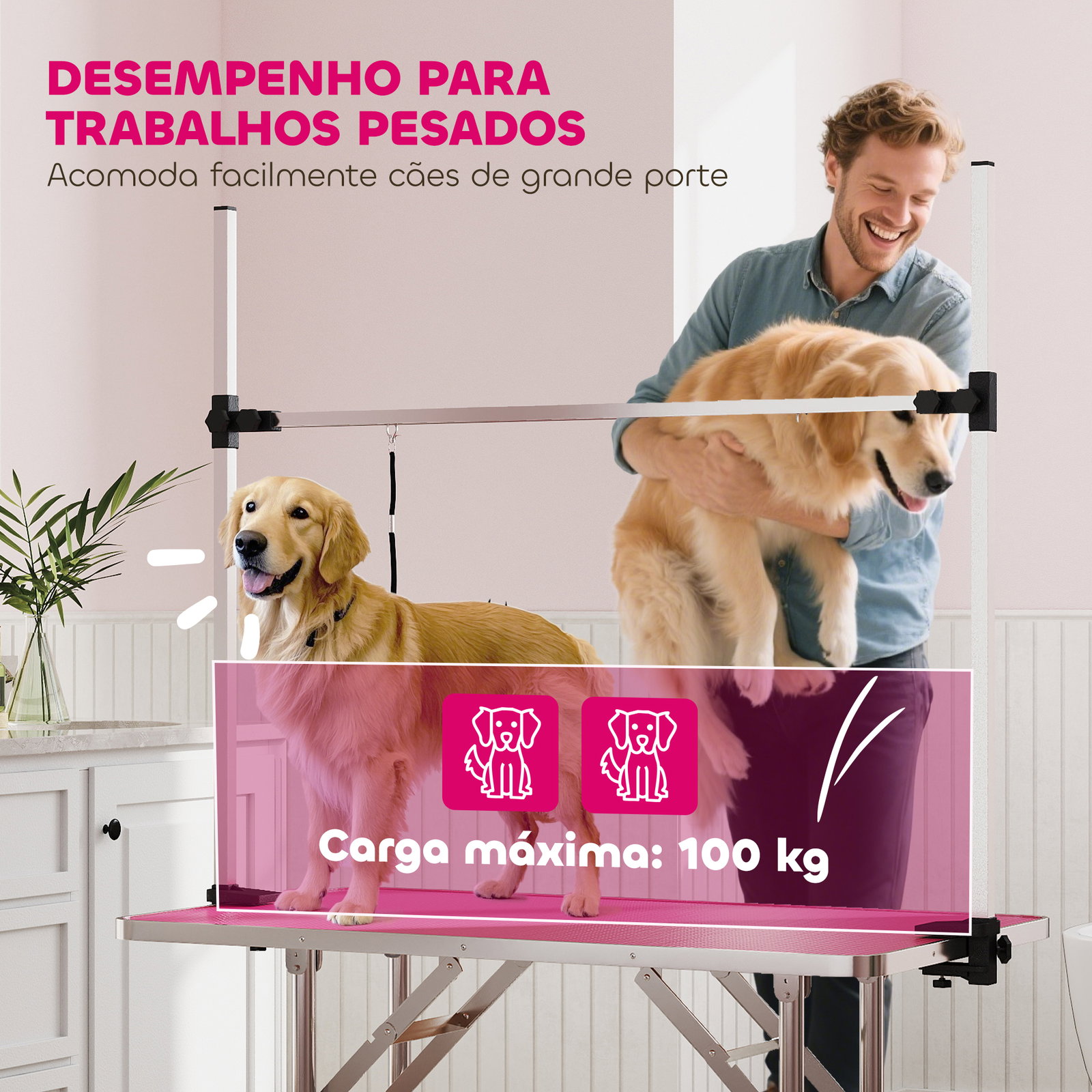Mesa de tosquia para cães dobrável mesa de higiene com prateleira metálica superfície antiderrapante 107x60x164 cm, rosa
