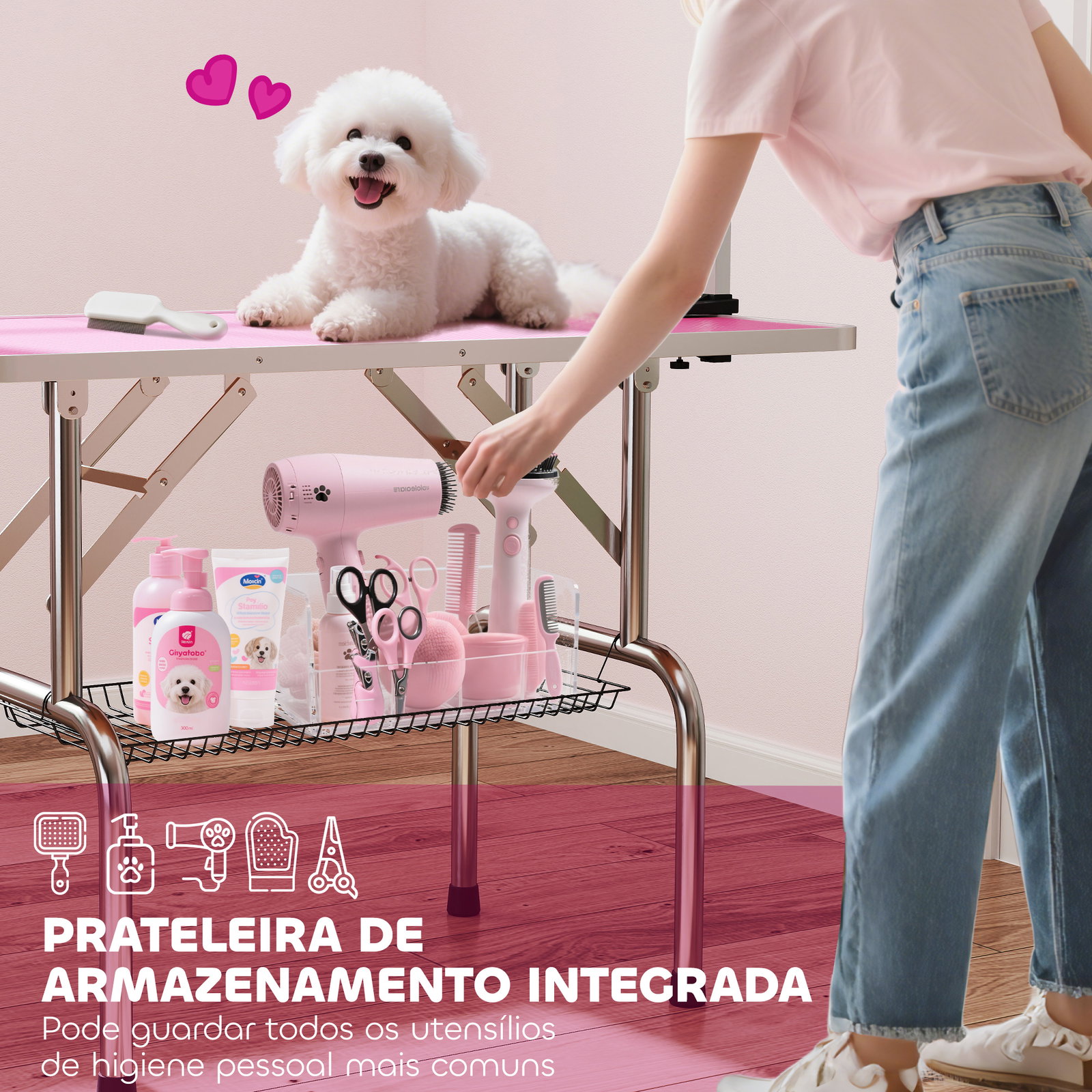 Mesa de tosquia para cães dobrável mesa de higiene com prateleira metálica superfície antiderrapante 107x60x164 cm, rosa