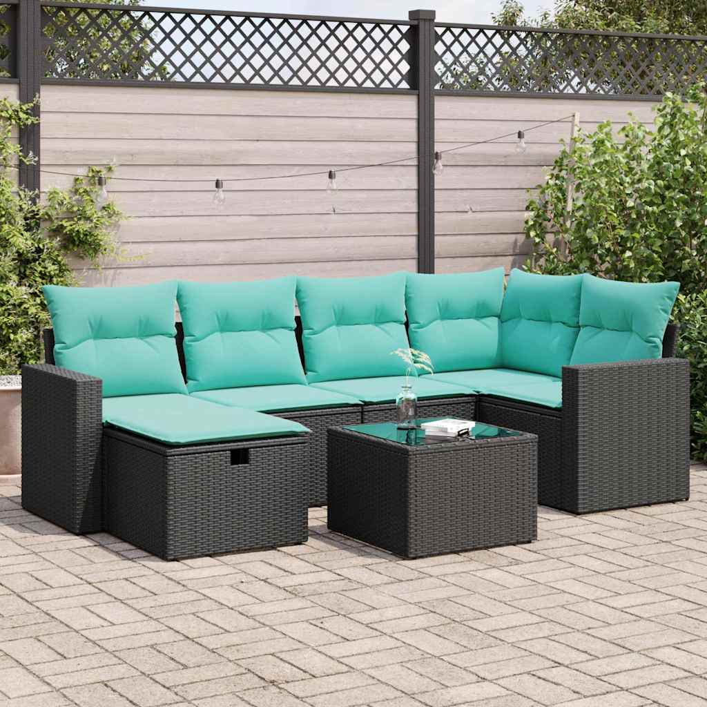 7 Pcs conjunto de sofás p/ jardim c/ almofadões vime PE preto