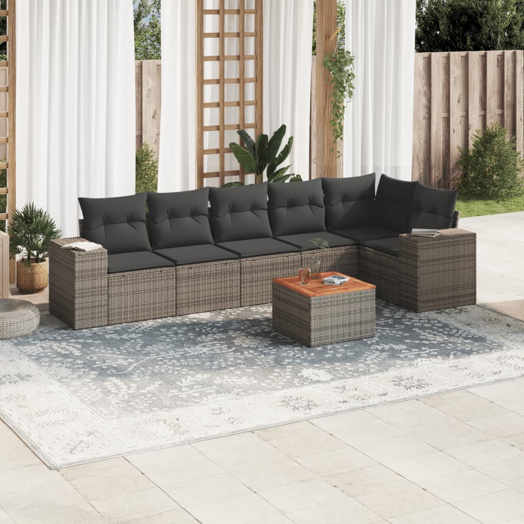 7 Pcs conjunto sofás p/ jardim c/ almofadões vime PE cinzento