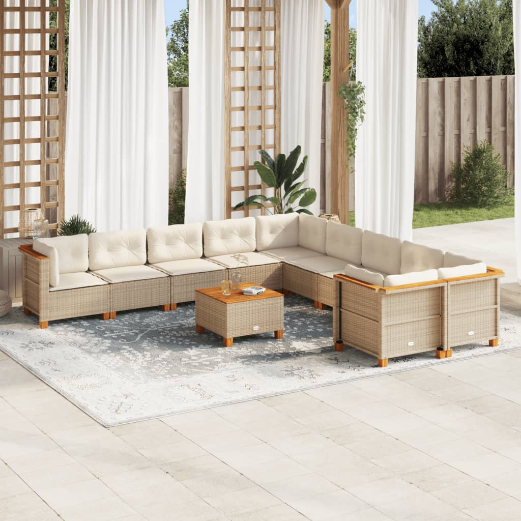 11 Pcs conjunto sofás de jardim c/ almofadões vime PE bege