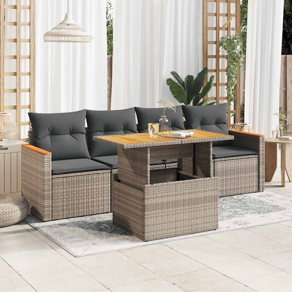 5 Pcs conjunto sofás de jardim c/ almofadões acácia e vime PE