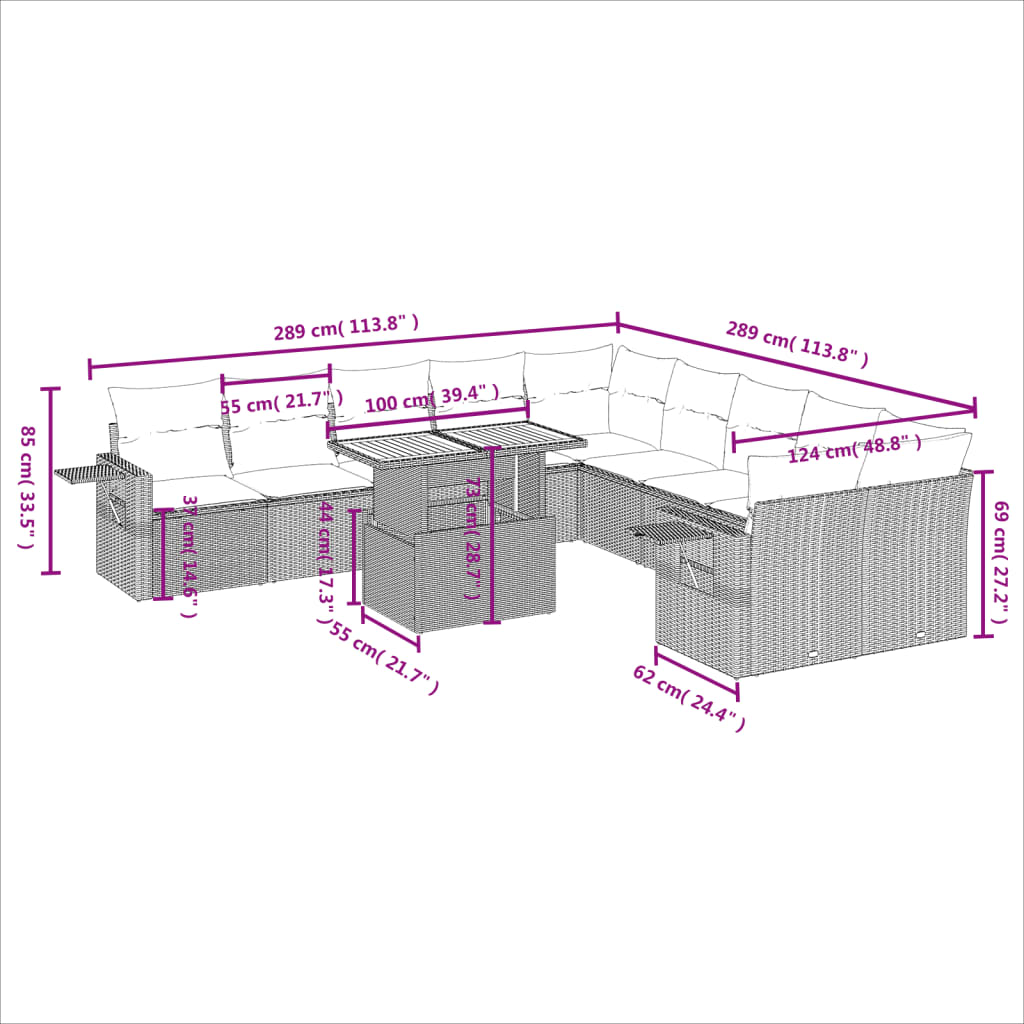 11 Pcs conjunto sofás de jardim c/ almofadões vime PE preto