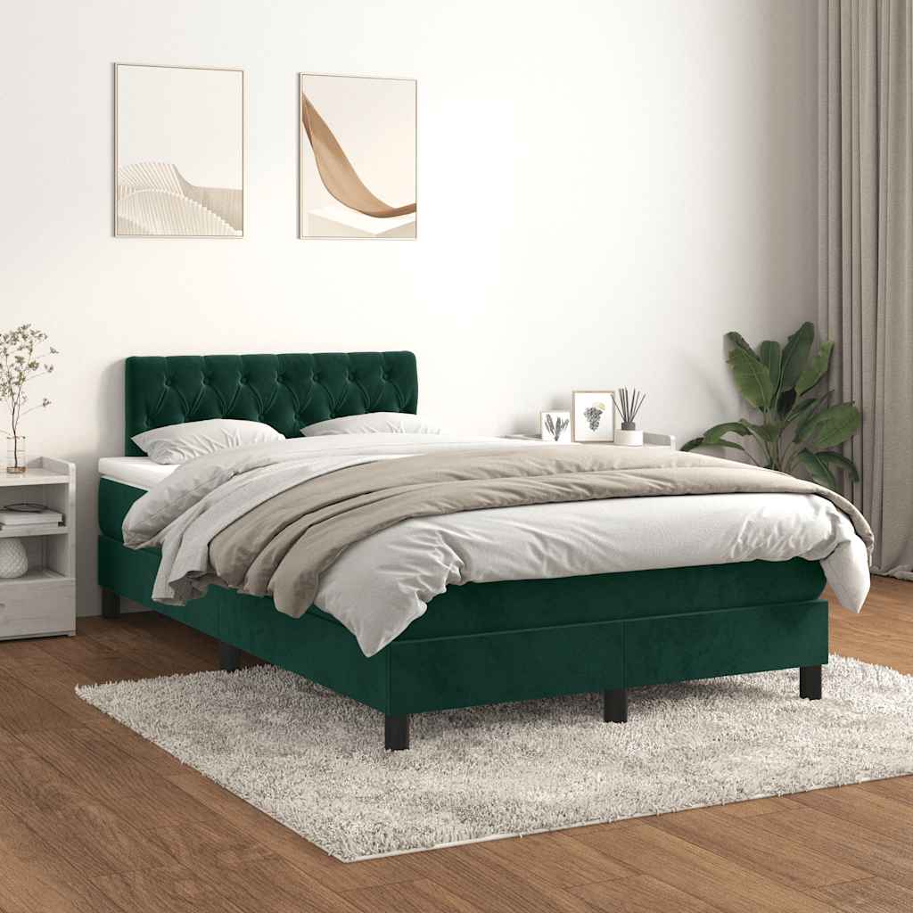 Cama boxspring com colchão 120x200 cm veludo verde-escuro