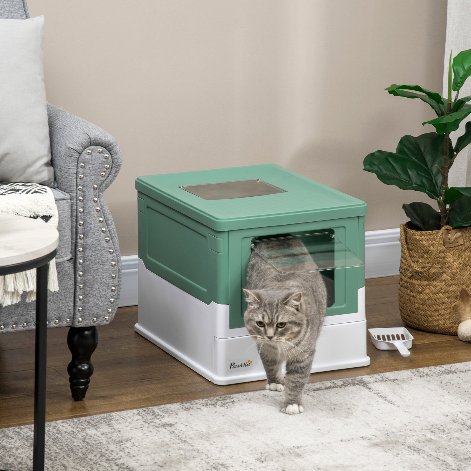 Caixa de areia para gatos dobrável caixa de areia para gatos fechada com bandeja removível e pá 47,5x35,5x36,7cm verde