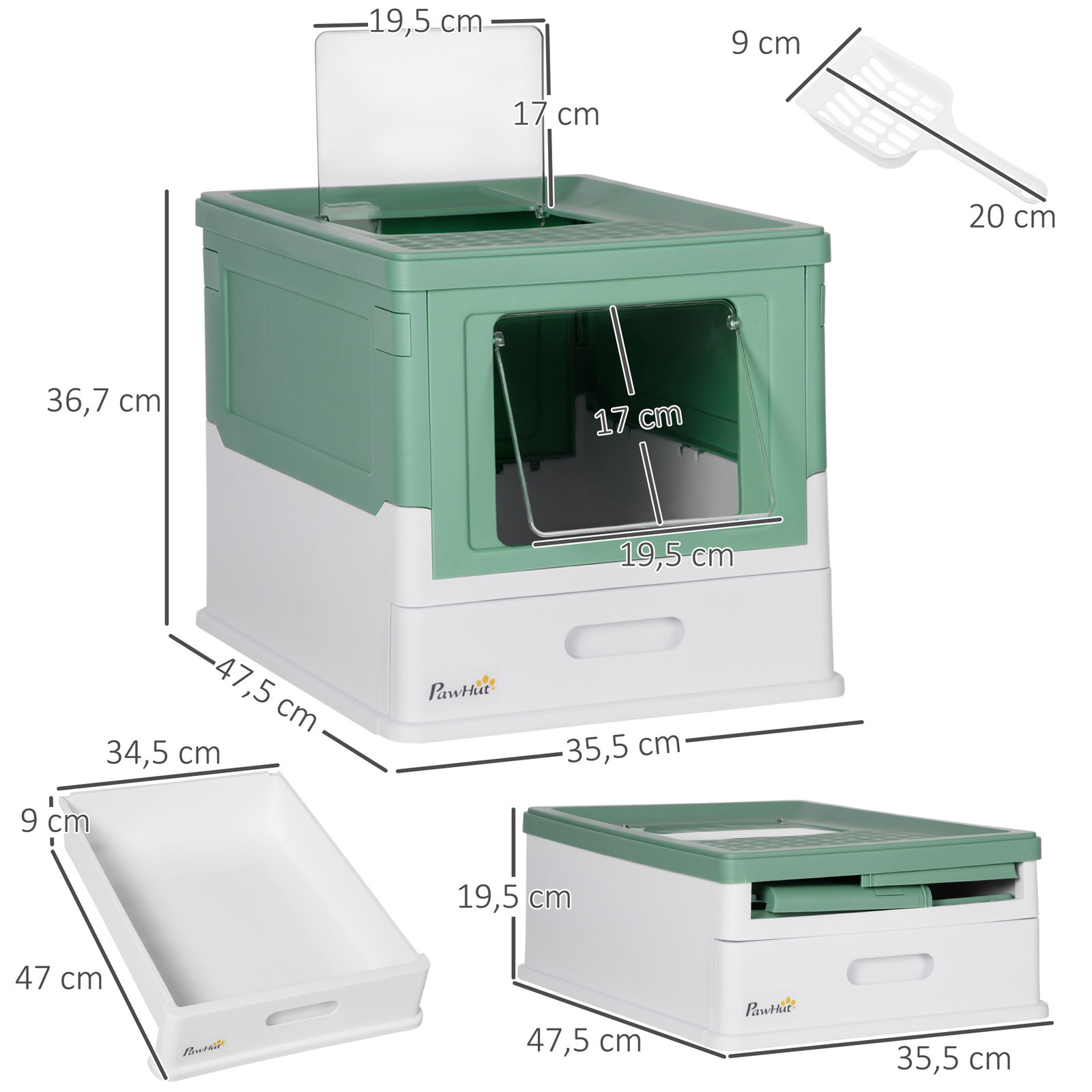 Caixa de areia para gatos dobrável caixa de areia para gatos fechada com bandeja removível e pá 47,5x35,5x36,7cm verde