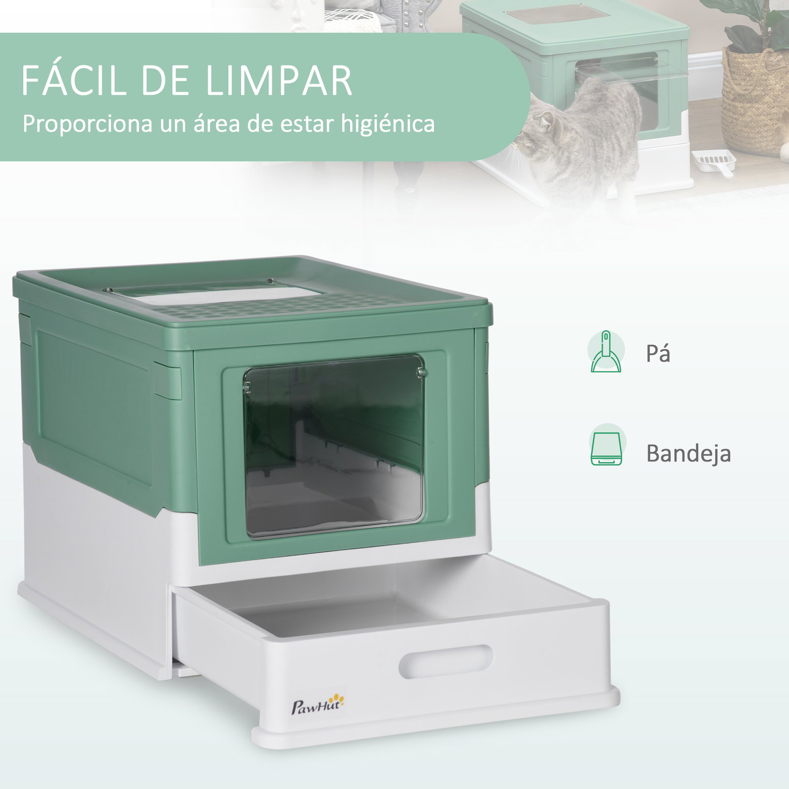 Caixa de areia para gatos dobrável caixa de areia para gatos fechada com bandeja removível e pá 47,5x35,5x36,7cm verde