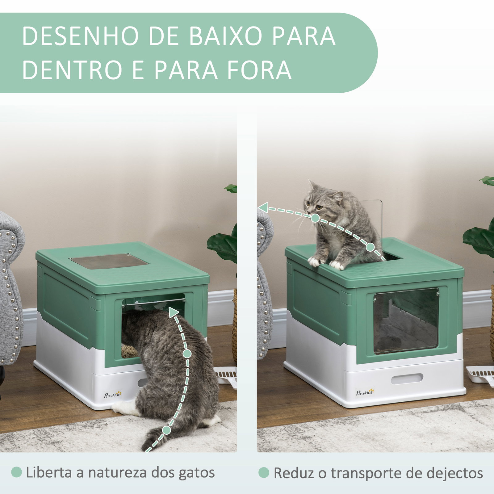 Caixa de areia para gatos dobrável caixa de areia para gatos fechada com bandeja removível e pá 47,5x35,5x36,7cm verde