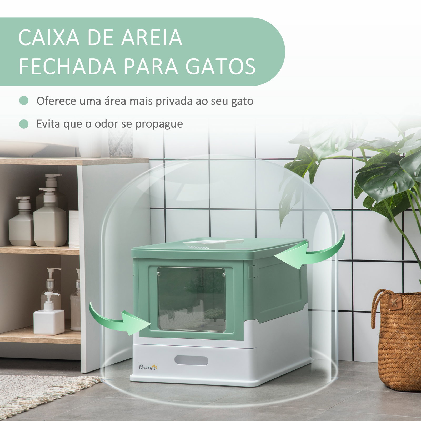 Caixa de areia para gatos dobrável caixa de areia para gatos fechada com bandeja removível e pá 47,5x35,5x36,7cm verde