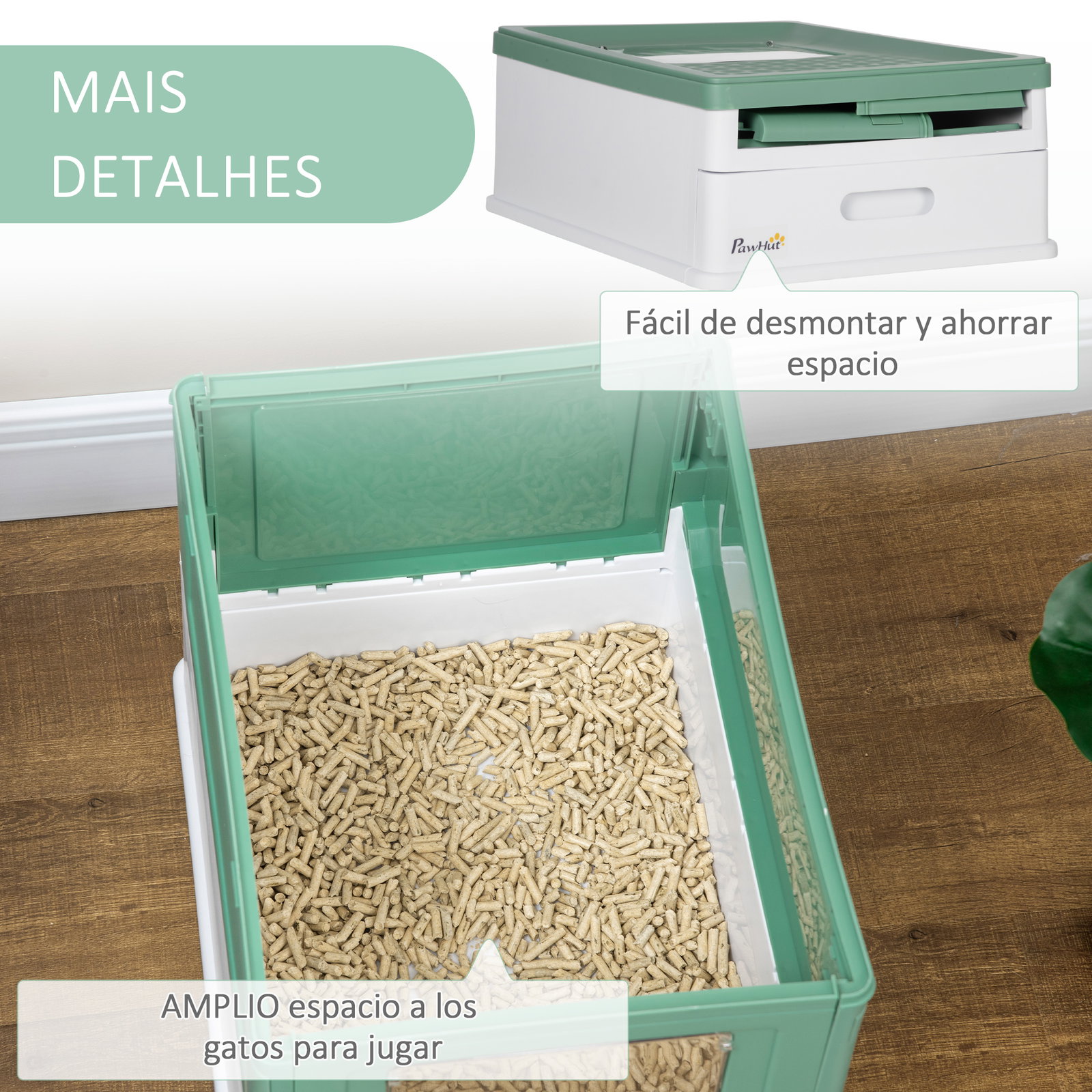 Caixa de areia para gatos dobrável caixa de areia para gatos fechada com bandeja removível e pá 47,5x35,5x36,7cm verde