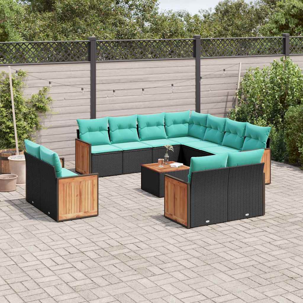 Conjunto de sofá de jardim com 12 peças e almofadas em rattan sintético preto