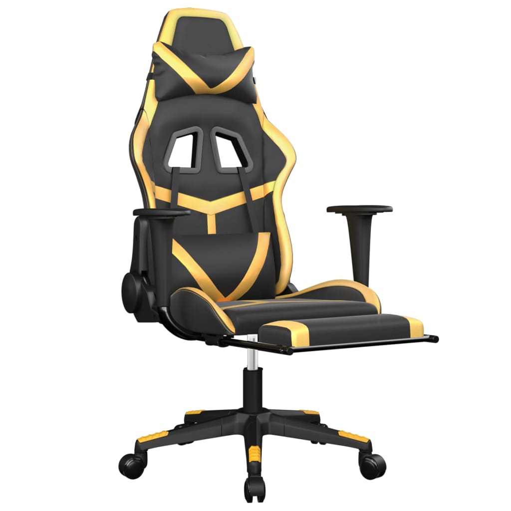 Cadeira gaming massagens c/ apoio pés couro artif. ouro/preto